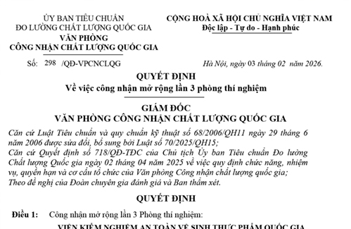 Công nhận năng lực kiểm nghiệm độc tố cereulide trong sữa và các sản phẩm dinh dưỡng theo ISO/IEC 17025:2017